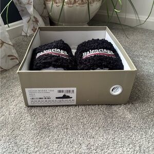 Balenciaga Black Sherpa Logo Slide Socks with Red & White Trim